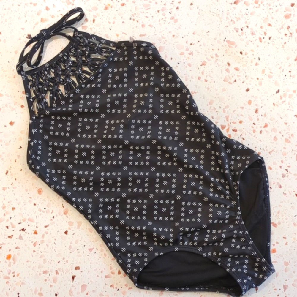 Old Navy | Macrame Neckline Black Pattern Swimsuit One Piece Halter Tie | M